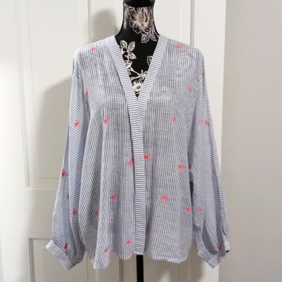 crown & ivy Tops - 🦩Crown & Ivy🦩 - Blue/White Stripe Embroidered Flamingo Kimono Style Top